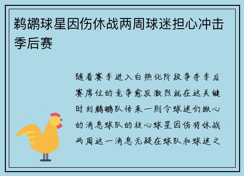 鹈鹕球星因伤休战两周球迷担心冲击季后赛